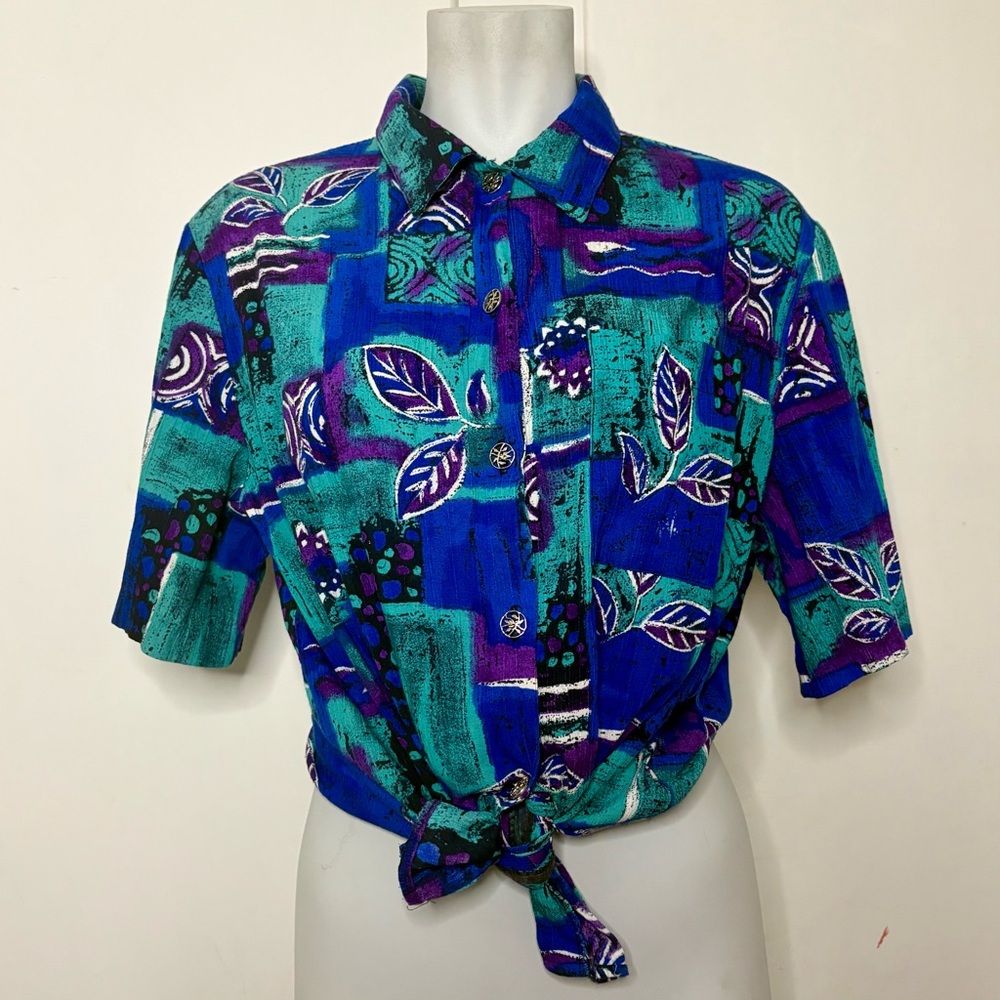 Vintage Jessica Scott Blue Purple Funky Pattern Rayon Button Up Short Sleeve Top